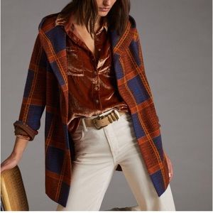 Anthropologie Field Flower Orange Blue Wool Plaid Hooded Sweater Coat